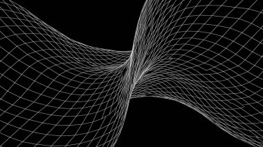 Dinamik, dalgalı bir şebeke yapısı siyah bir zemin boyunca uzanıyor ve akıcı bir illüzyon yaratıyor.