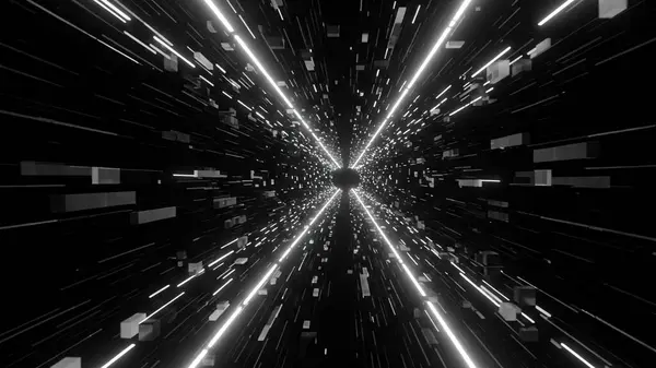 Işık ve küplerden oluşan fütüristik bir tünel, hiper uzay yolculuğu gibi karanlık bir merkeze doğru hızla ilerliyor..