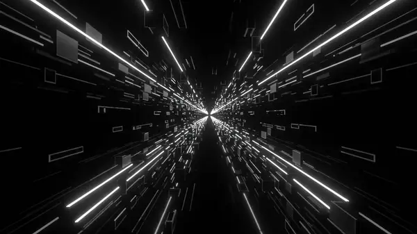 Işık ve küplerden oluşan fütüristik bir tünel, hiper uzay yolculuğu gibi karanlık bir merkeze doğru hızla ilerliyor..
