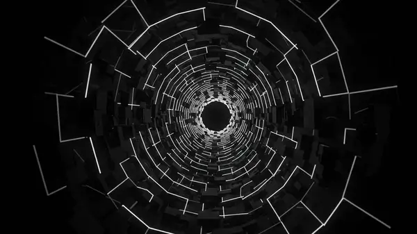 Işık ve küplerden oluşan fütüristik bir tünel, hiper uzay yolculuğu gibi karanlık bir merkeze doğru hızla ilerliyor..
