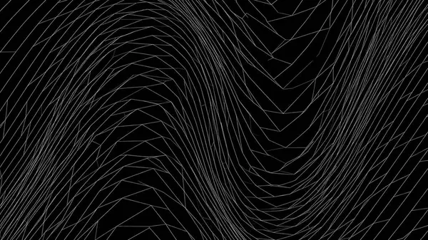 Dinamik, dalgalı bir şebeke yapısı siyah bir zemin boyunca uzanıyor ve akıcı bir illüzyon yaratıyor.