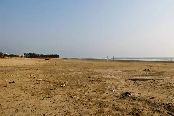 Geniş bir kumlu sahil manzarası olan sakin bir sahil kıyısı, kenarlarında hafif dalgalar var. Nadir bitki örtüsü ve uzak ağaçlar açık mavi gökyüzünün altında ufuk çizgisi oluşturur. Cox 's Bazar, Bengal Körfezi, Bangladeş
