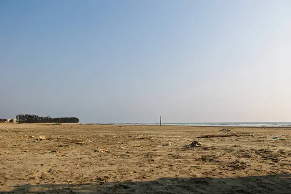 Açık mavi gökyüzü ve uzak ağaçlarıyla ıssız kumlu bir sahil. Cox 's Bazar, Bengal Körfezi, Bangladeş