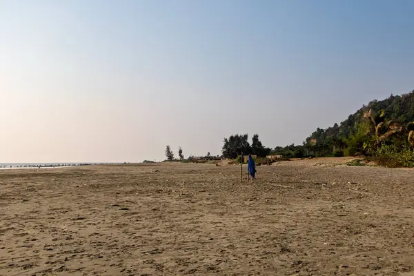 Uzak ağaçlar ve açık bir gökyüzü ile çevrili kumlu bir sahil manzarası. Cox 's Bazar, Bengal Körfezi, Bangladeş