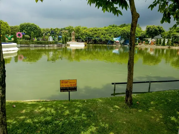 Tayland 'daki Rüya Dünyası eğlence parkının büyüleyici manzarası içinde sakin suları ve yeşillikleri çevreleyen yemyeşil bir gölet. Seyahat, rahatlama ve park temaları için mükemmel..