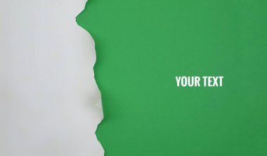 Yaratıcı Tasarım için yeşil arka planda Yırtık Beyaz Kağıt Doku. metin için boşluk kopyala
