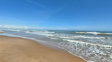 Berrak mavi gökyüzünün altında yumuşak dalgalarla dolu sakin bir sahil. Hoş yaz temaları yakalamak için ideal.