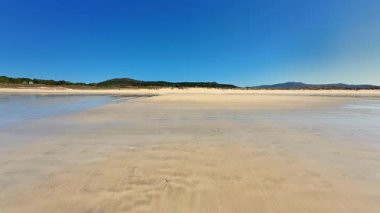 Güzel, sakin bir sahil manzarası yumuşak altın kum ve sakin, güneşli bir günde sakin sular sergiliyor.