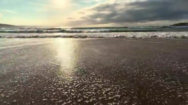 Güzel bir günbatımı, kumlu kıyı şeridine yansıyan ışığı, sakin denizin üzerinde büyüleyici bir parıltı yayar.