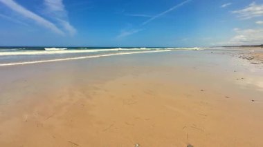 Huzurlu bir sahil sahnesi canlı bir şekilde dalgaların kıyıya vuruşunu ve güzel mavi bir gökyüzünü gösteriyor.