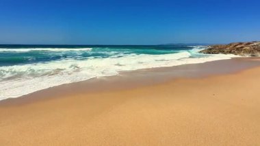 Sakin bir sahil sahnesi turkuaz dalgalar sergiliyor parlak mavi gökyüzünün altında yumuşak altın kumu yalayıp yutuyor.