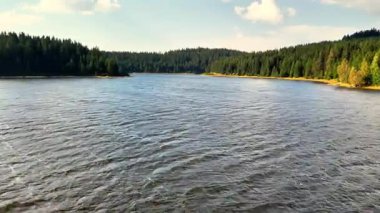 Arka planda yemyeşil sularla tamamlanmış berrak ve sakin bir nehir manzarası.