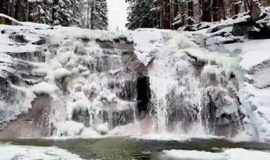 Donmuş dağ şelalesi ve kış karlı ormanı. Doğanın sesi. Yüksek kaliteli FullHD görüntüler