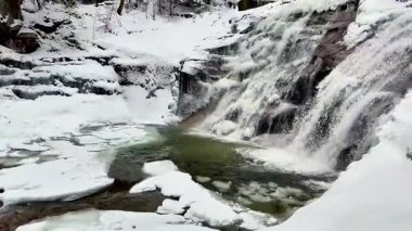 Donmuş şelale ve karlı orman. Doğanın sesi. Yüksek kalite 4k görüntü