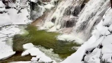 Donmuş şelale ve karlı orman. Yüksek kalite 4k görüntü