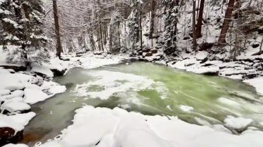 Karla kaplı kayalar ve uzun ağaçların yer aldığı inanılmaz sakin bir kış nehri sahnesi, gerçek güzellikleri gözler önüne seriyor.