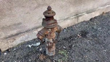 Pas ve çürükle kaplı eski, yıpranmış bir yangın musluğu arkasındaki beton duvarın tam aksine duruyor.