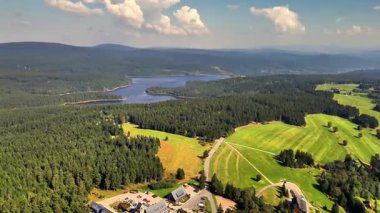 Göz kamaştırıcı bir hava fotoğrafı. Huzurlu, sakin bir gölün yanında canlı yeşil ormanlar sergileniyor.