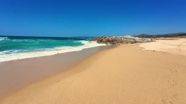 Impresionante Paisaje Playa Que Exhibe Arena Dorada Junto Animadas Olas — Vídeo de stock