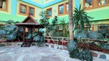 Egzotik bitkilerle süslenmiş canlı ve canlı bir avlu ve rahatlamak ve keyif almak için ideal bir çardak.