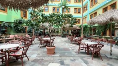 Konfor ve rahatlama için hazırlanmış tropikal bitkilerin ve konforlu koltukların yer aldığı sakin bir kapalı yemek alanı.