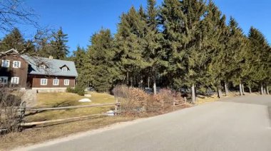 Büyüleyici, pitoresk bir ev, parlak, açık mavi gökyüzünün altında, uzun yeşil ağaçların arasına harika bir şekilde yerleşmiştir.