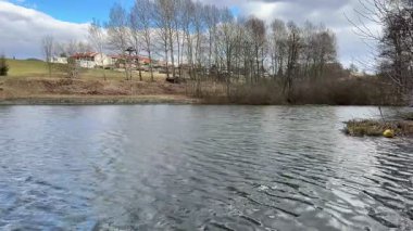 Bereketli ağaçlarla çevrili, bulutlu bir gökyüzünün altında sakin bir göl manzarası ve büyüleyici evler.