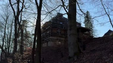 Parlak, güneşli bir günde, sakin orman manzarasıyla çevrili harika bir ev restore ediliyor.