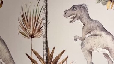 Çeşitli dinozorların, yemyeşil ve canlı bitki örtüsü arasında özgürce dolaştığını gösteren detaylı bir çizim.