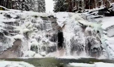 Donmuş dağ şelalesi ve kış karlı ormanı. Doğanın sesi. Yüksek kaliteli FullHD görüntüler