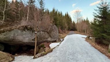 Güzel, sakin bir kış sahnesinde karlı bir patika kayalar ve yeşil ağaçlarla çevrili.