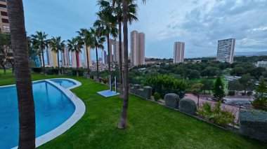 Arka planda şehir binalarının yanında palmiye ağaçlarının sergilendiği sakin bir havuz manzarası.