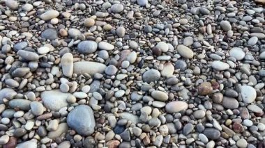 Sakin dalgaların usulca dalgalandığı ve taşların sahile saçıldığı, çakıl taşlı bir plaj manzarası.