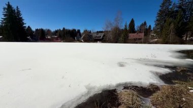 Uçsuz bucaksız karla kaplı bir tarlanın sakin ve görkemli manzarası. Uzak evlerle süslenmiş ve yukarıda açık mavi gökyüzü.