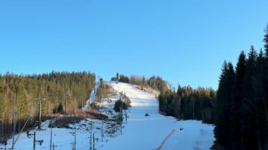 Açık mavi gökyüzünde ağaçlarla kaplı güzel karlı bir kayak yamacı kış sporu meraklıları için mükemmel..
