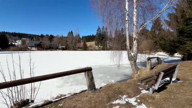 Huzurlu ve huzurlu bir kış sahnesi güzel bir şekilde donuk bir gölü sergiliyor. Etrafı sakin doğayla çevrili.
