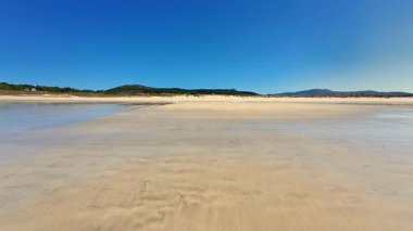 Güzel, sakin bir sahil manzarası yumuşak altın kum ve sakin, güneşli bir günde sakin sular sergiliyor.