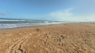 Huzurlu ve sakin bir sahil sahnesi yumuşak altın kumları, yumuşak dalgaları ve çarpıcı mavi gökyüzünü sergiliyor.