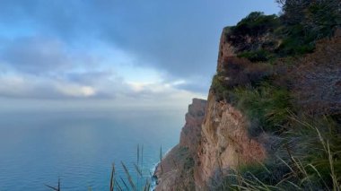 Bereketli yeşillik ve sakin okyanus sularıyla bulutlu bir gökyüzünün altında nefes kesici bir kıyı kayalığı manzarası..