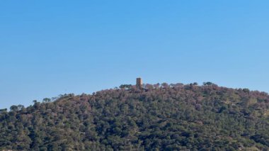 Berrak mavi gökyüzünün altında yemyeşil yemyeşil bir tepe kulesinin olduğu büyüleyici bir manzara..