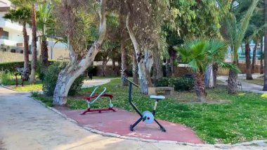 Bu huzurlu parkta yemyeşil ve uzun palmiye ağaçlarının arasına yerleştirilmiş bir dizi açık hava fitness ekipmanı keşfedin.