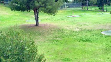 Bu güzel golf sahasında yemyeşil çimenler ve sakin bir açık hava ortamında uzun ağaçlar var.
