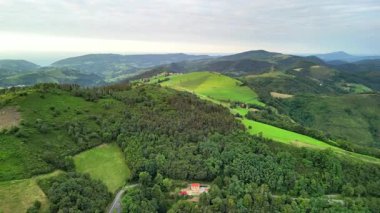 Hava manzarası, bulutlu bulutlu gökyüzünün altında yemyeşil tepeleri ve altın tarlaları yakalıyor ve sakin bir manzara yaratıyor.