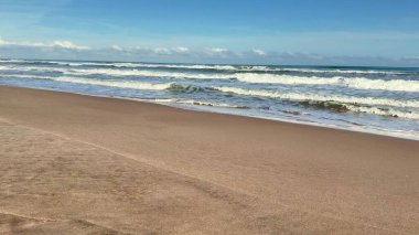 Sakin bir sahil manzarası, yumuşak dalgalar sergiliyor, açık mavi gökyüzünün altında yumuşak kuma çarpıyor.