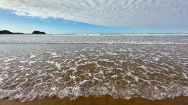 Bu sahne, güzel, huzurlu ve bulutlu bir gökyüzünün altında usulca dalgaların dalgalandığı sakin bir sahili yakalar.