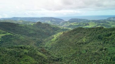 Nefes kesen hava manzarası canlı yeşil tepeleri bulutlu gökyüzünün altında kusursuz bir şekilde okyanusla buluşurken yakalıyor.