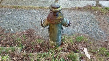 Yaşlanmış ve yıpranmış bir yangın musluğu. Boyası soyulmuş ve paslanmış. Etrafı yemyeşil çimenler ve çakıl yollarıyla çevrili.