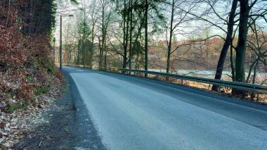Yükselen ağaçlarla kaplı huzurlu bir yol boyunca, sersemletici mavi gökyüzünün altında sakin bir nehir yatağı görülebilir.