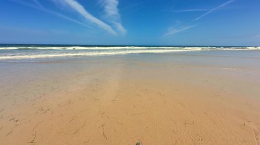 Huzurlu bir sahil sahnesi canlı bir şekilde dalgaların kıyıya vuruşunu ve güzel mavi bir gökyüzünü gösteriyor.