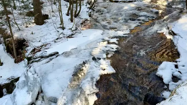Güzel, sakin bir kış sahnesi, karla kaplı bir manzara ve ağaçlarla sarılmış, nazikçe akan bir dereyi gözler önüne seriyor.